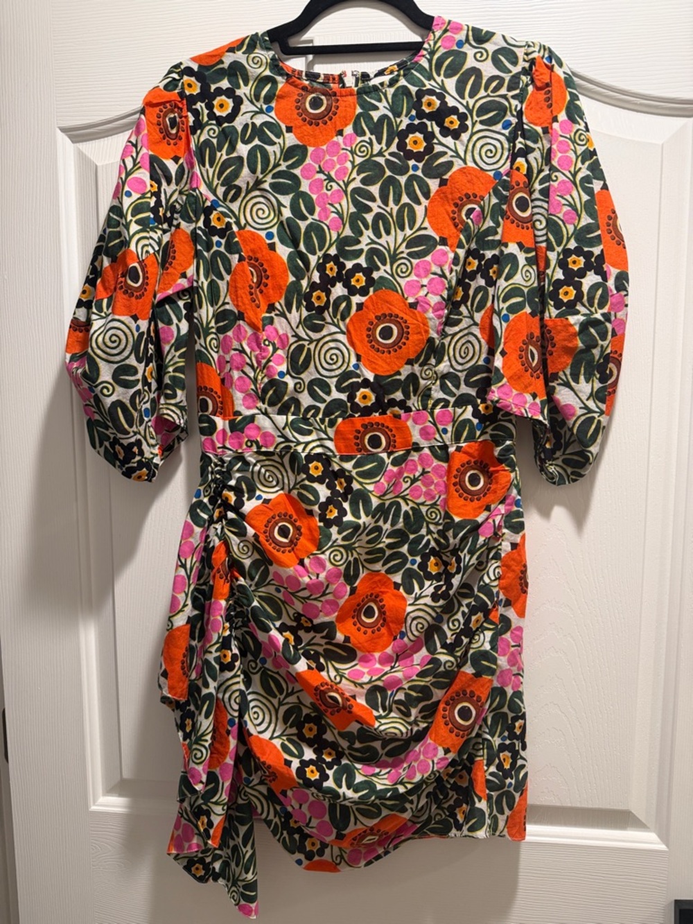 Rhode Floral Puff-Sleeve Mini Dress in Orange & Pink